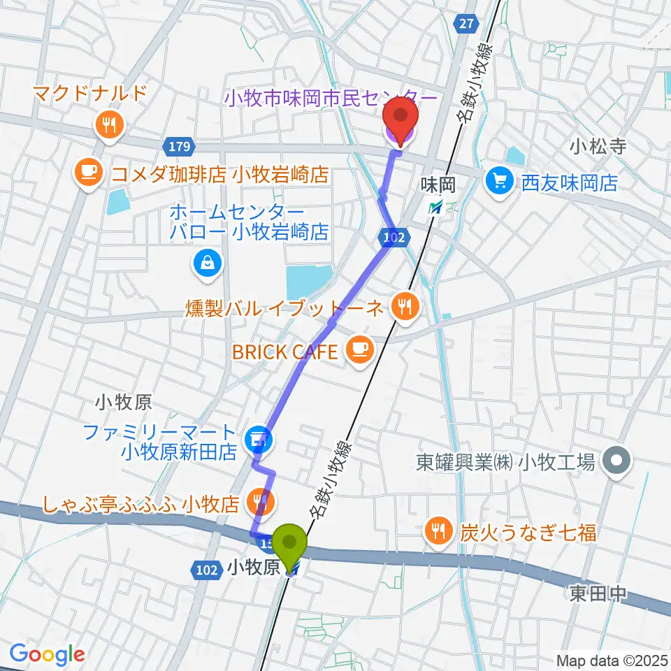 小牧原駅から小牧市味岡市民センターへのルートマップ地図