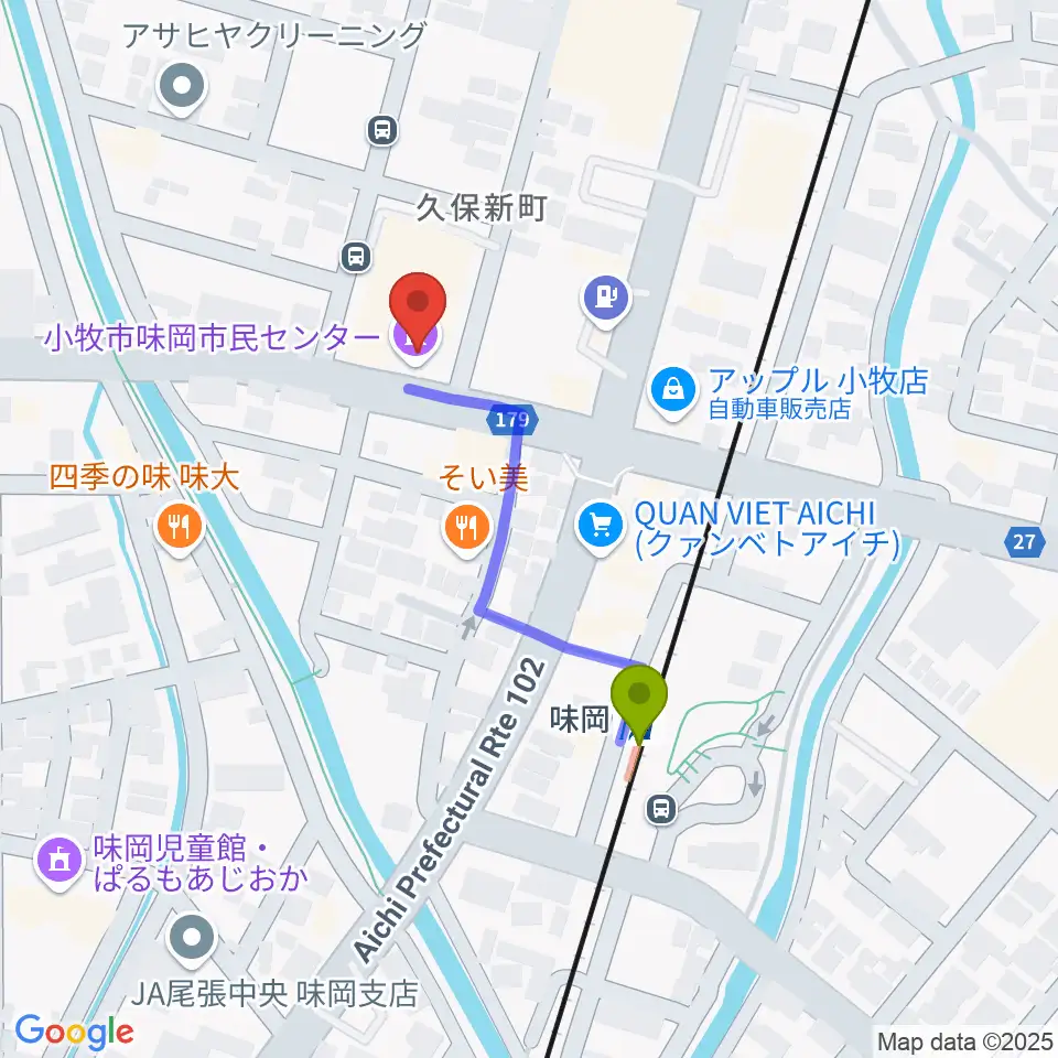 小牧市味岡市民センターの最寄駅味岡駅からの徒歩ルート（約3分）地図