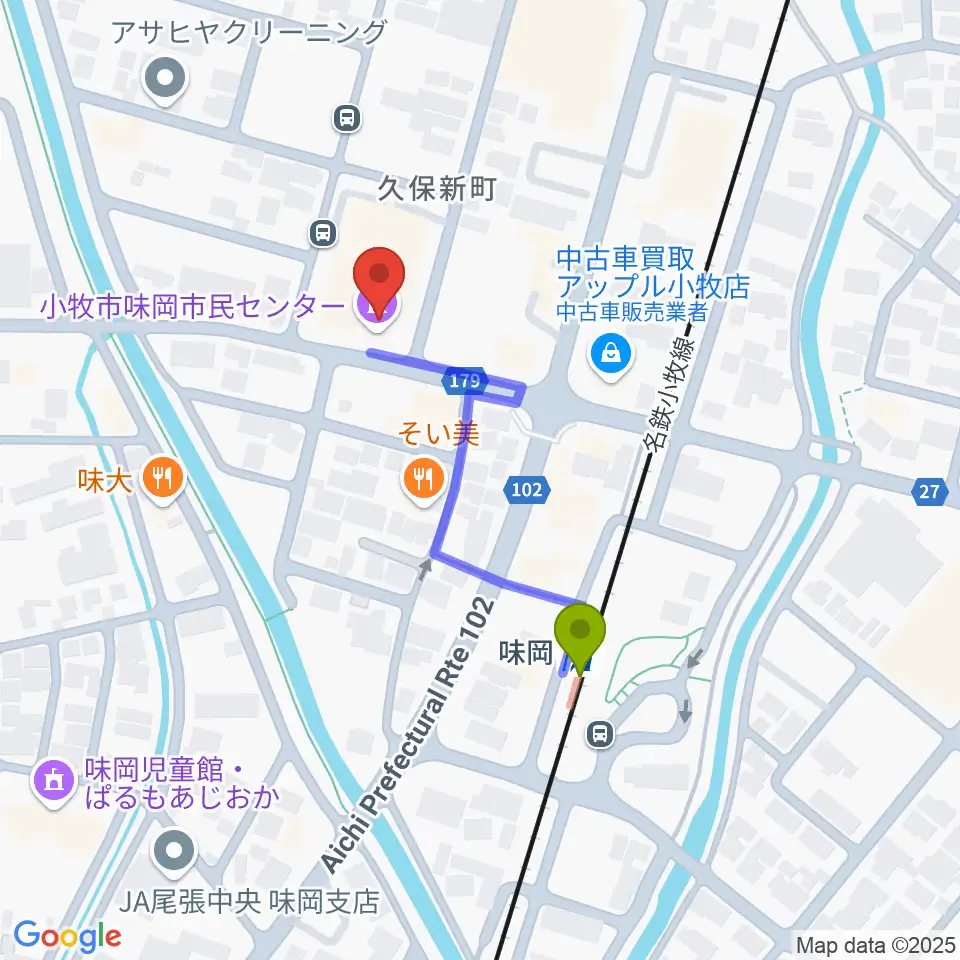 小牧市味岡市民センターの最寄駅味岡駅からの徒歩ルート（約3分）地図