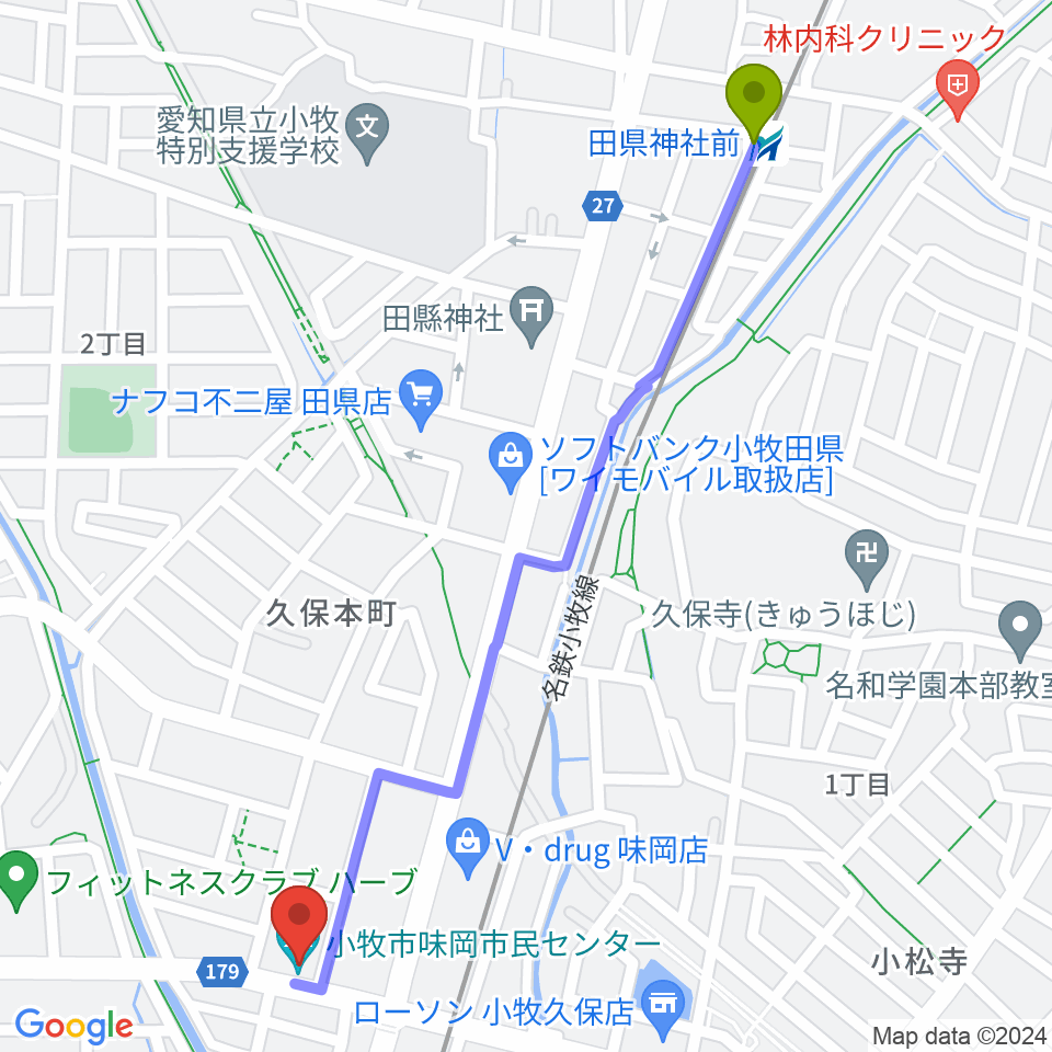 田県神社前駅から小牧市味岡市民センターへのルートマップ地図