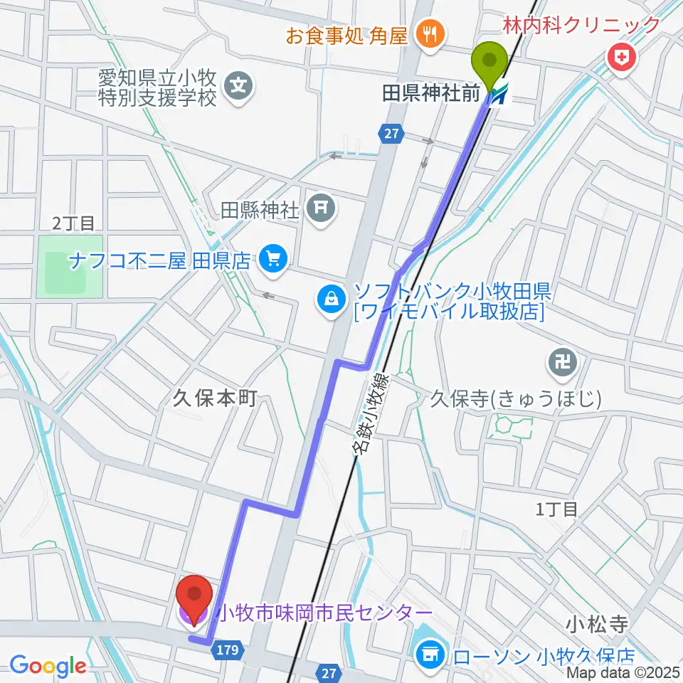 田県神社前駅から小牧市味岡市民センターへのルートマップ地図