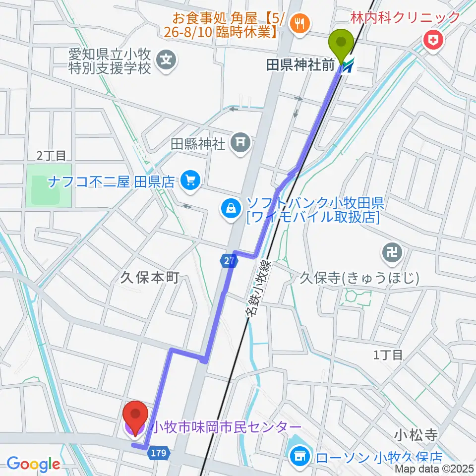 田県神社前駅から小牧市味岡市民センターへのルートマップ地図