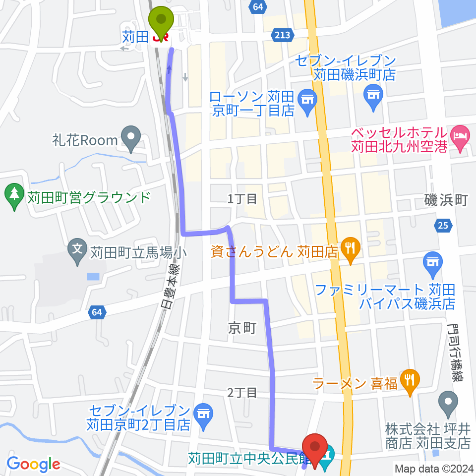 苅田町立中央公民館の最寄駅苅田駅からの徒歩ルート（約15分）地図