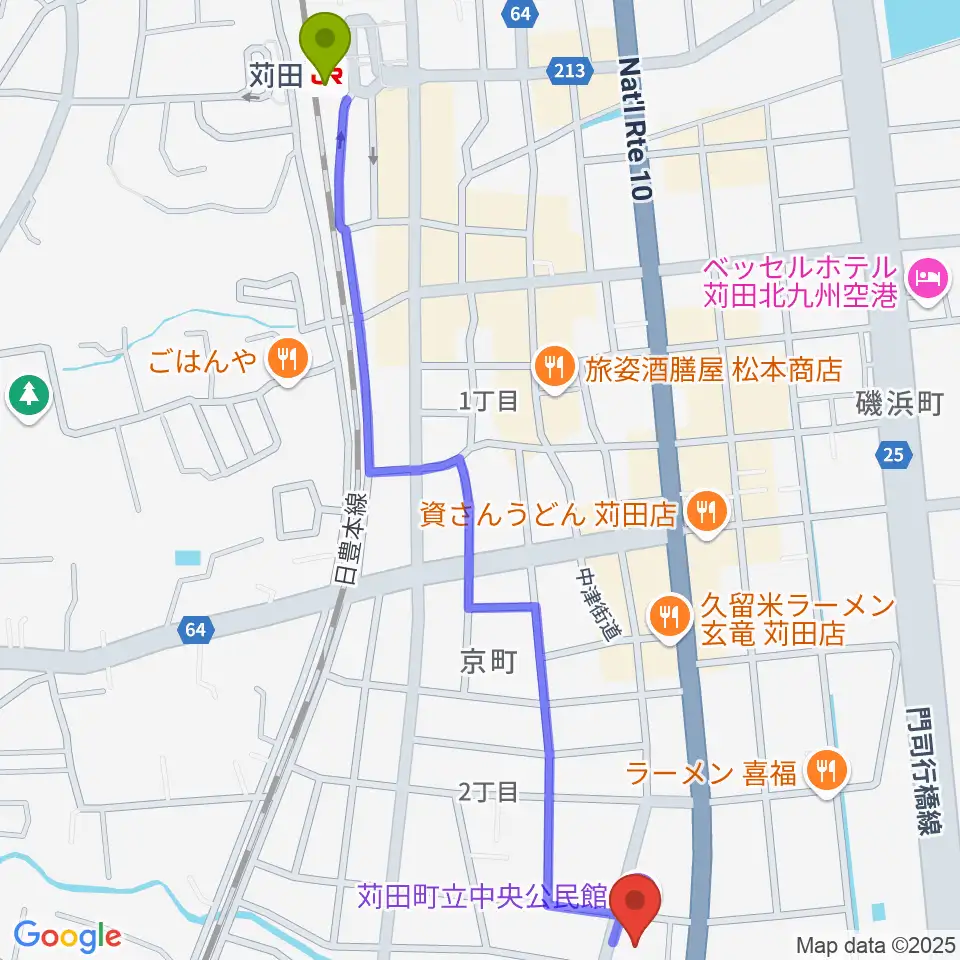 苅田町立中央公民館の最寄駅苅田駅からの徒歩ルート（約15分）地図