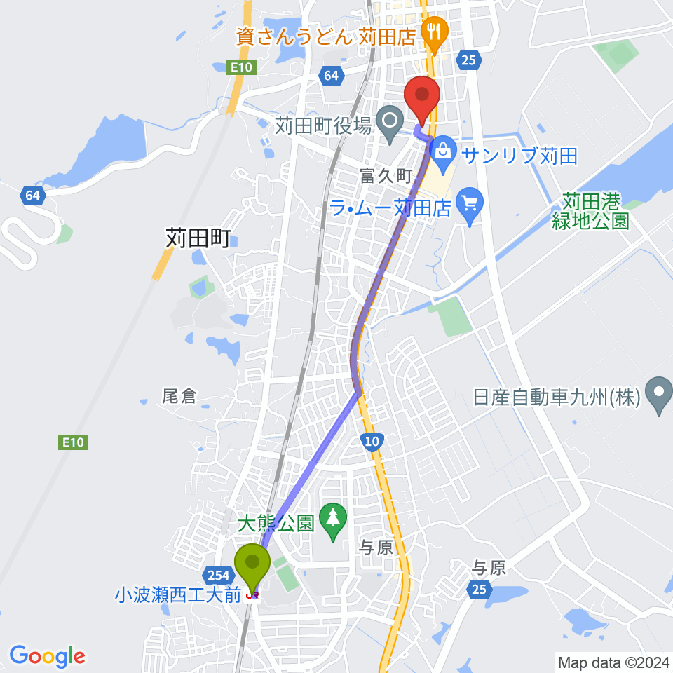 小波瀬西工大前駅から苅田町立中央公民館へのルートマップ地図