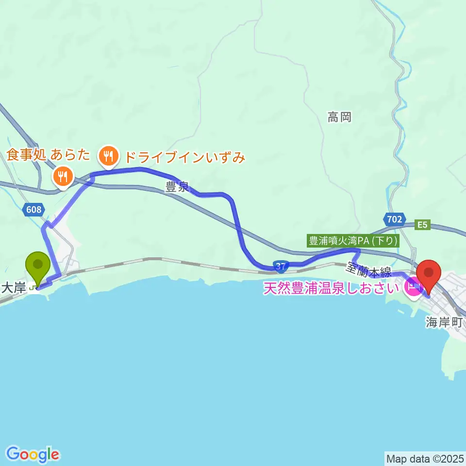 大岸駅から豊浦町地域交流センター とわにーへのルートマップ地図