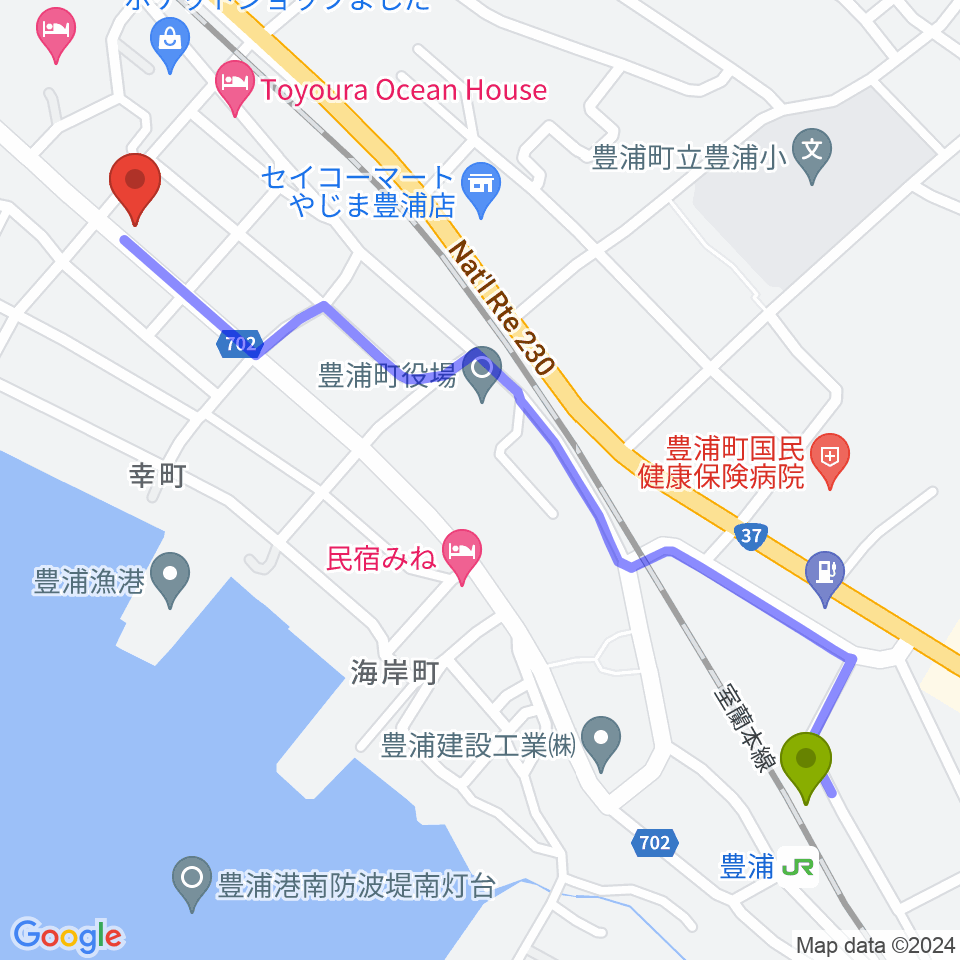 豊浦町地域交流センター とわにーの最寄駅豊浦駅からの徒歩ルート（約13分）地図