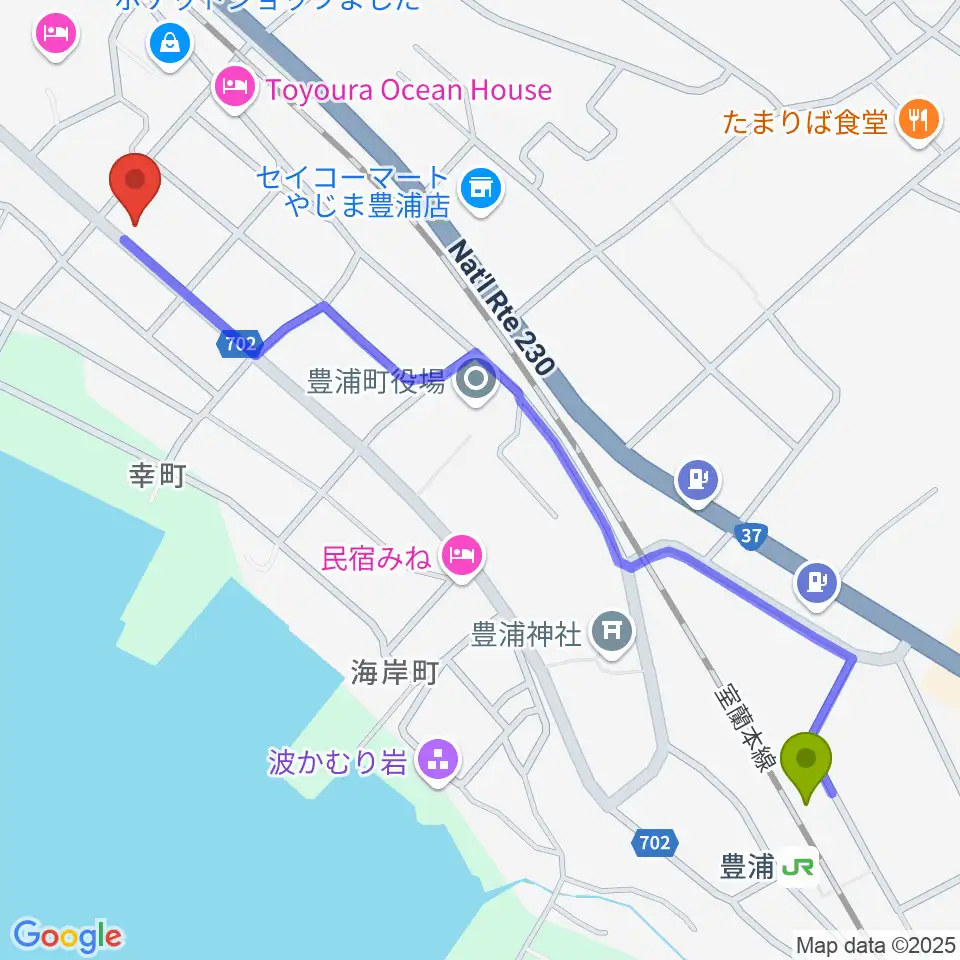 豊浦町地域交流センター とわにーの最寄駅豊浦駅からの徒歩ルート（約13分）地図