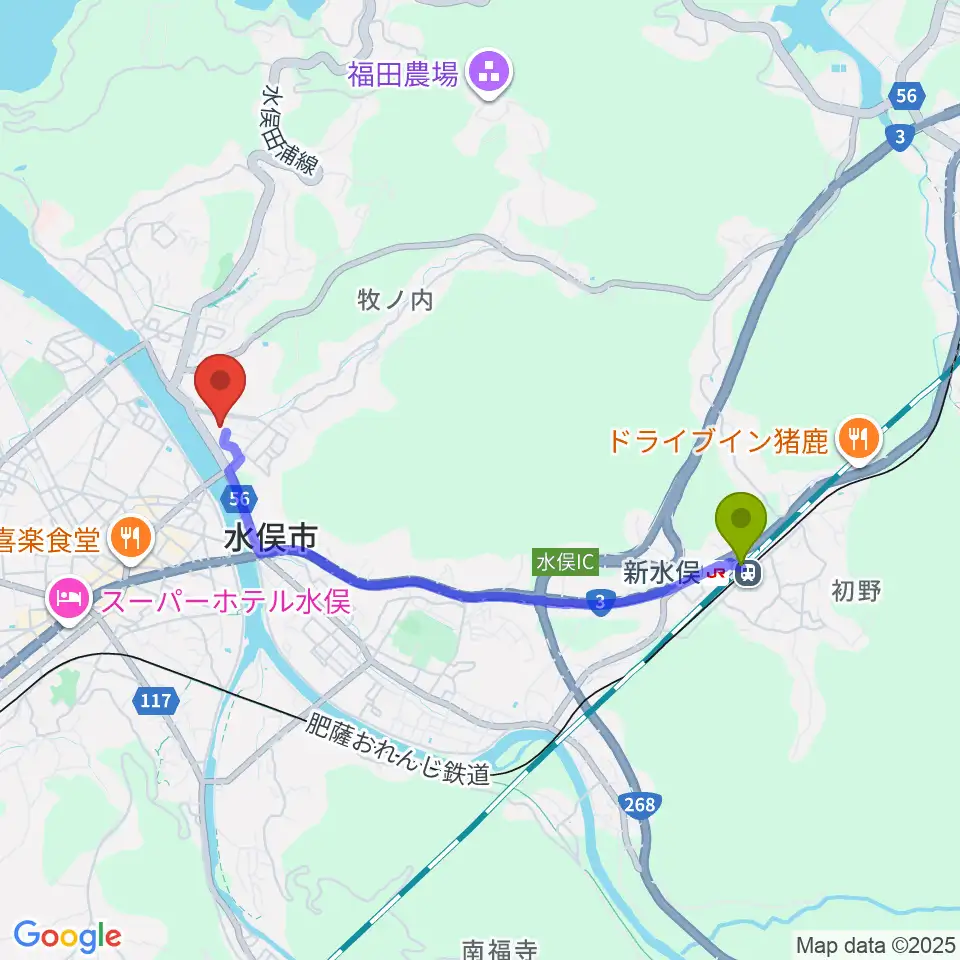 新水俣駅から水俣市文化会館へのルートマップ地図