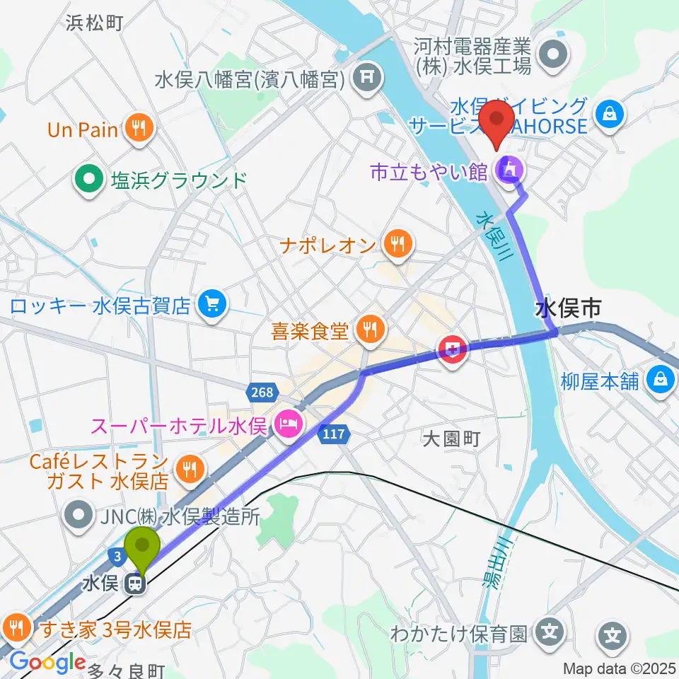 水俣市文化会館の最寄駅水俣駅からの徒歩ルート（約26分）地図