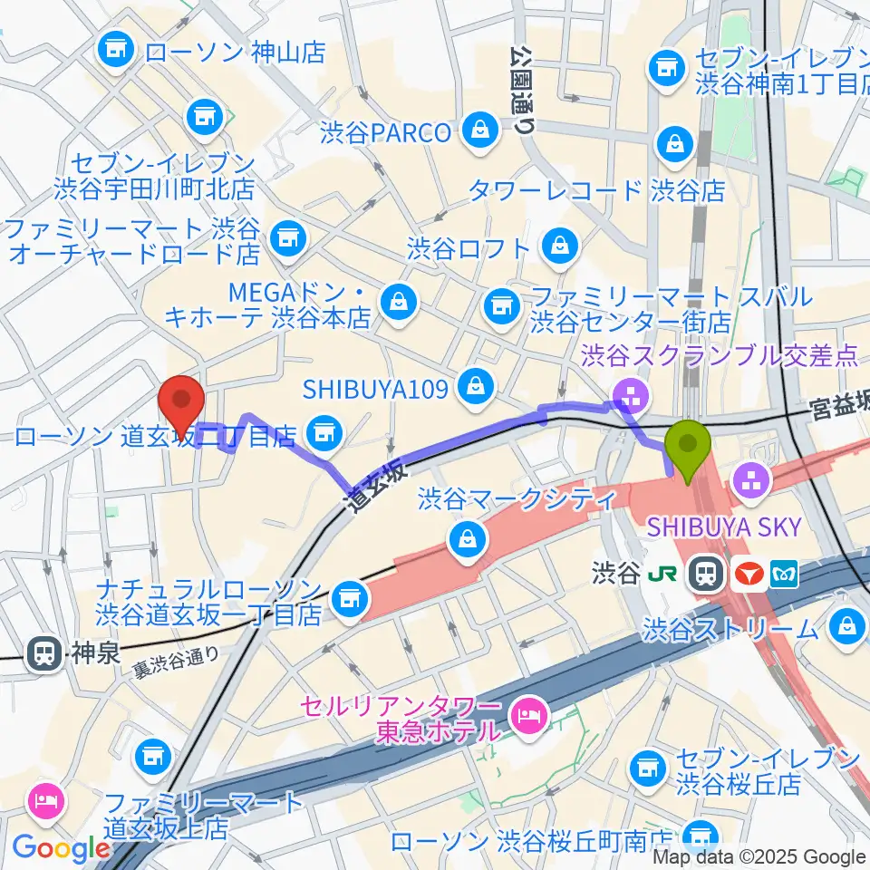渋谷駅からシネマヴェーラ渋谷へのルートマップ地図