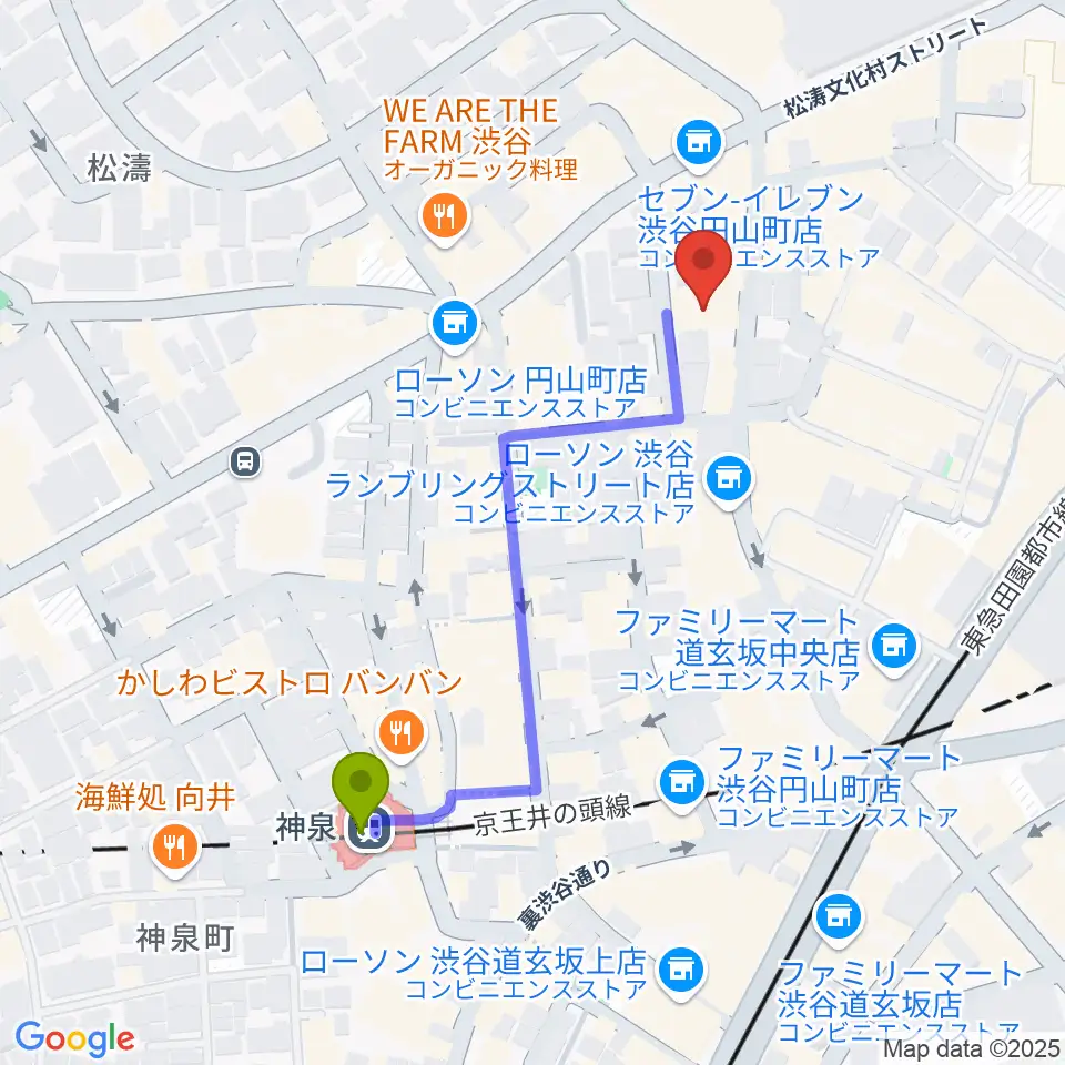 シネマヴェーラ渋谷の最寄駅神泉駅からの徒歩ルート（約5分）地図