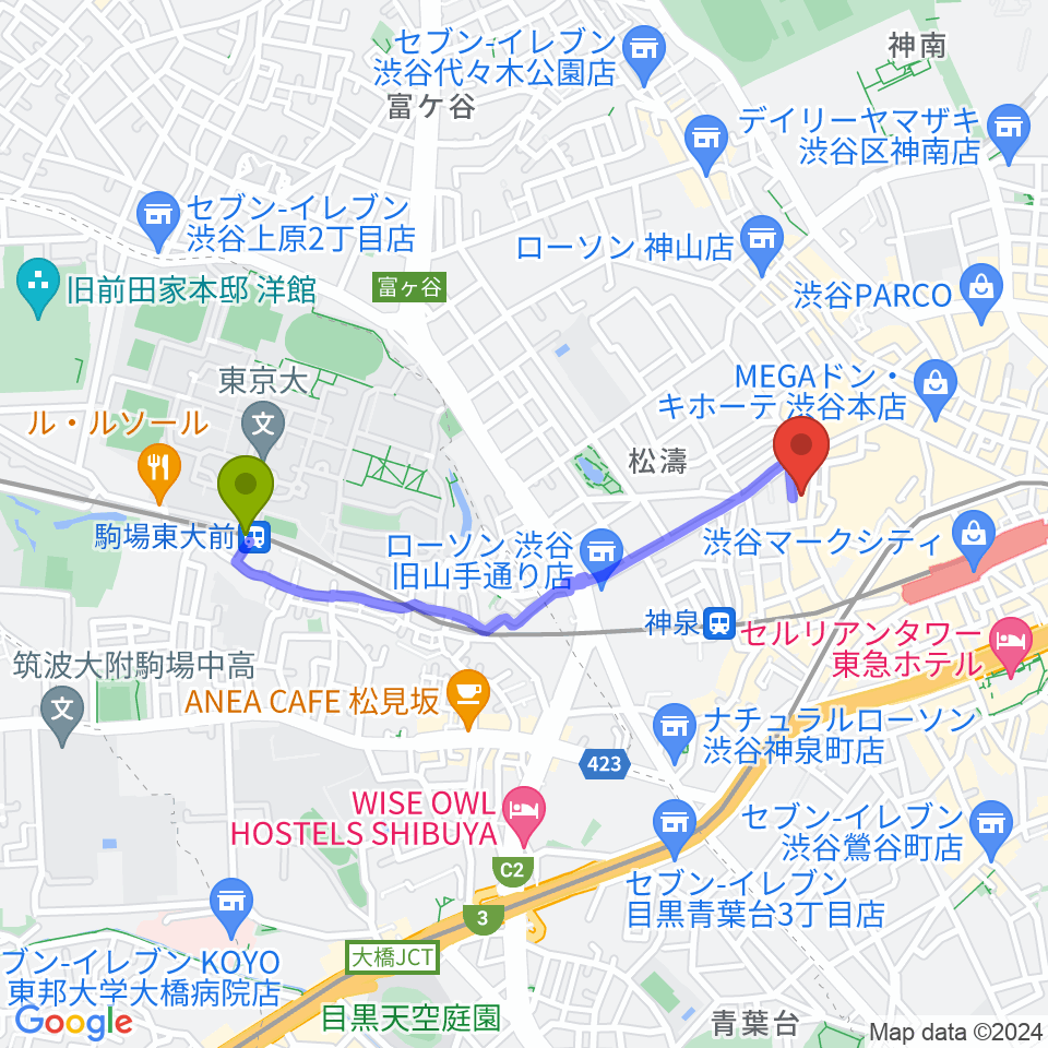 駒場東大前駅からシネマヴェーラ渋谷へのルートマップ地図