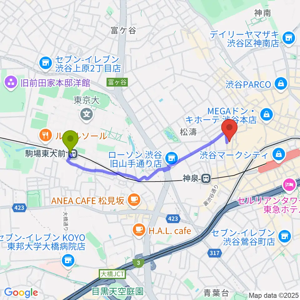 駒場東大前駅からシネマヴェーラ渋谷へのルートマップ地図