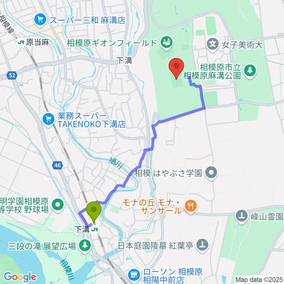 下溝駅から相模原ギオンスタジアムへのルートマップ地図