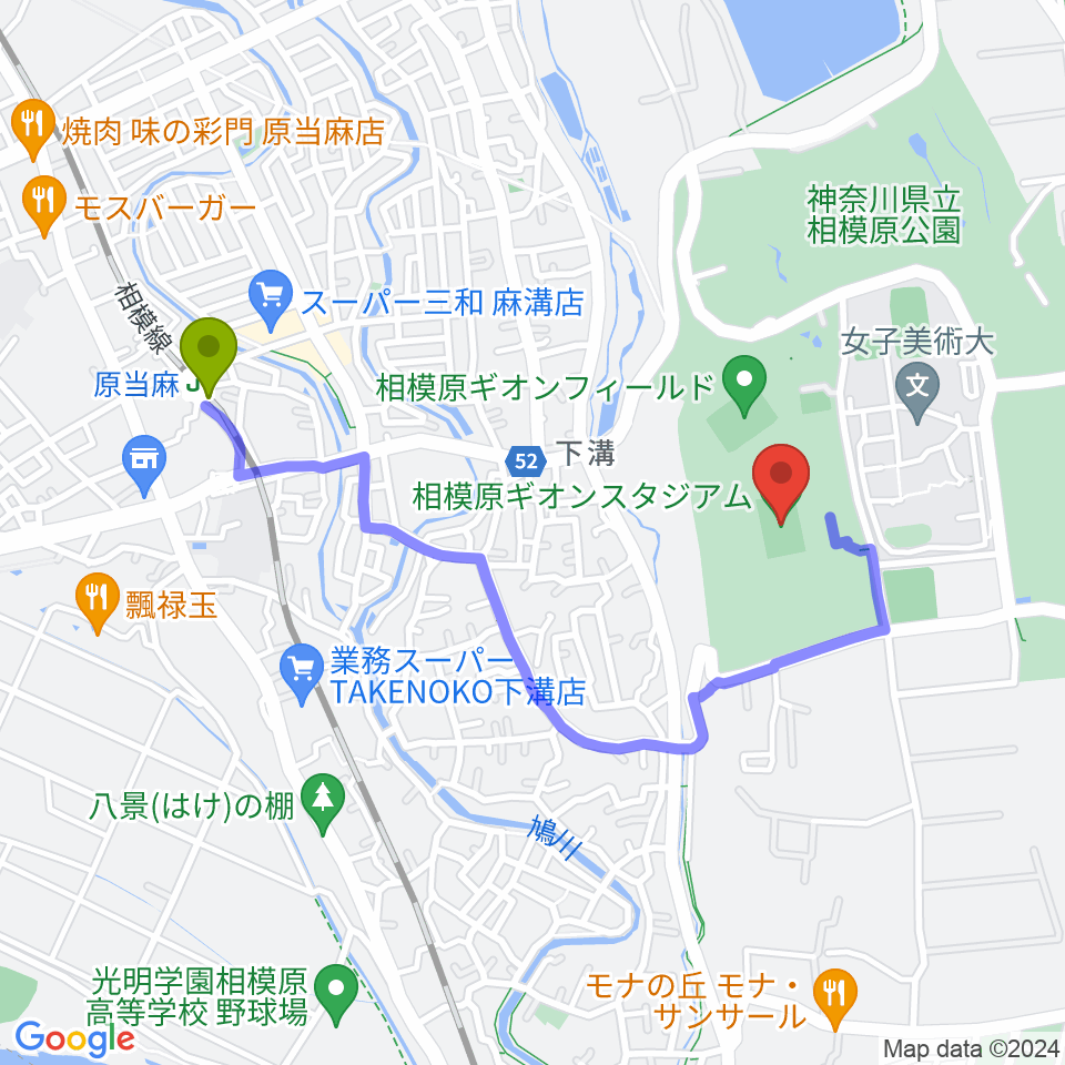 相模原ギオンスタジアムの最寄駅原当麻駅からの徒歩ルート（約17分）地図