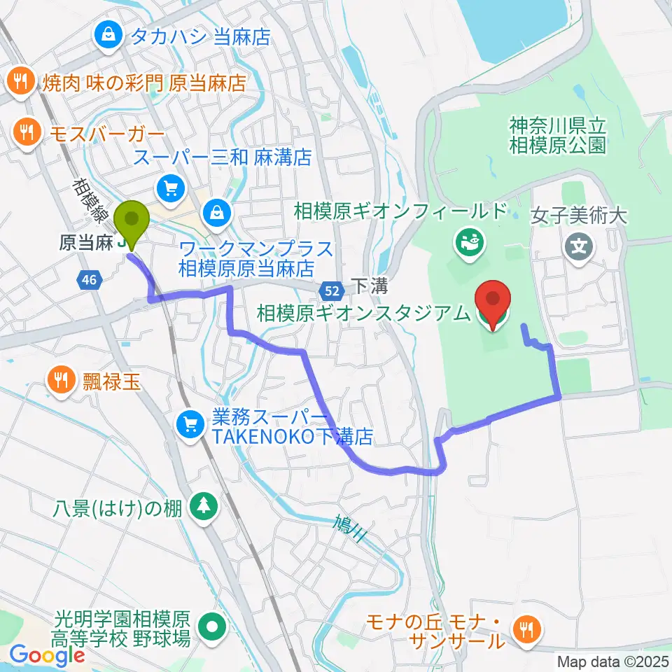 相模原ギオンスタジアムの最寄駅原当麻駅からの徒歩ルート（約17分）地図