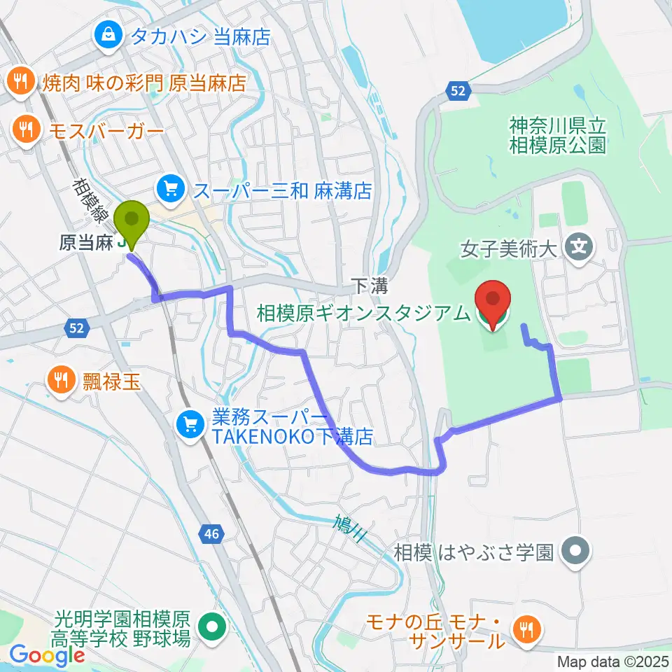 相模原ギオンスタジアムの最寄駅原当麻駅からの徒歩ルート（約17分）地図
