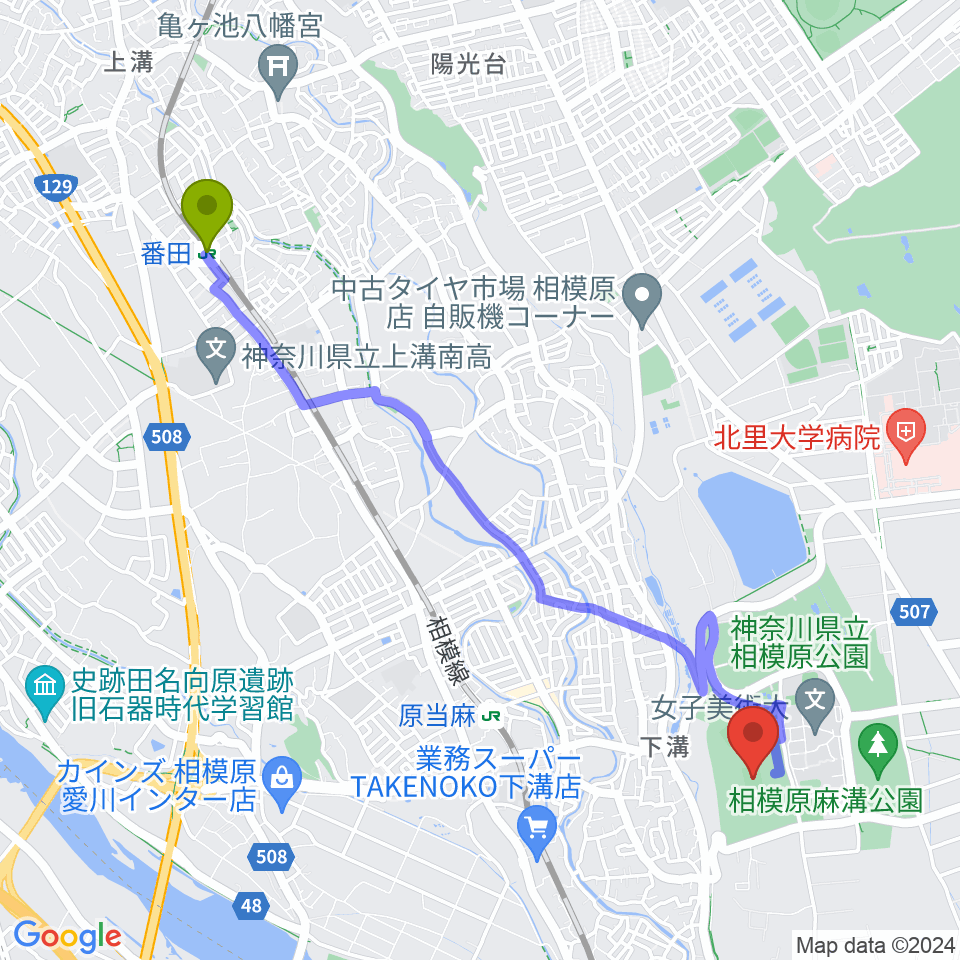 番田駅から相模原ギオンスタジアムへのルートマップ地図