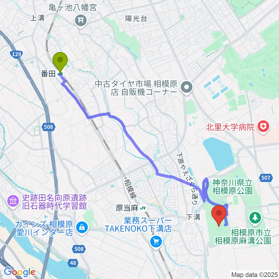 番田駅から相模原ギオンスタジアムへのルートマップ地図