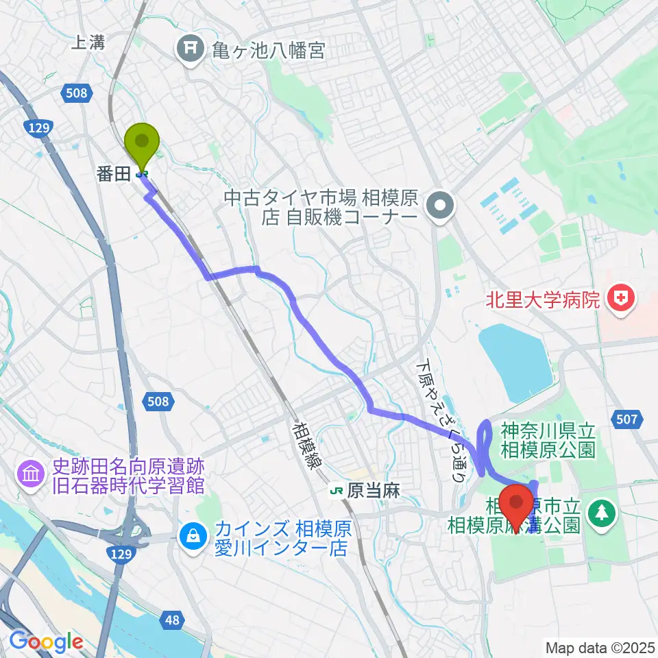 番田駅から相模原ギオンスタジアムへのルートマップ地図