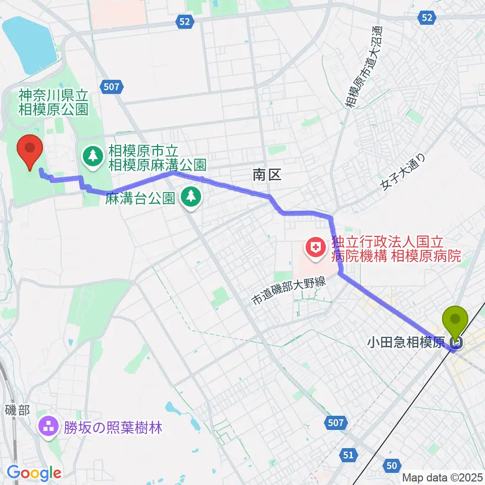 小田急相模原駅から相模原ギオンスタジアムへのルートマップ地図