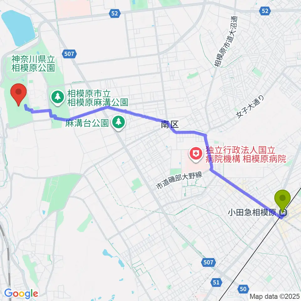 小田急相模原駅から相模原ギオンスタジアムへのルートマップ地図