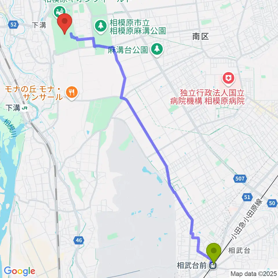 相武台前駅から相模原ギオンスタジアムへのルートマップ地図