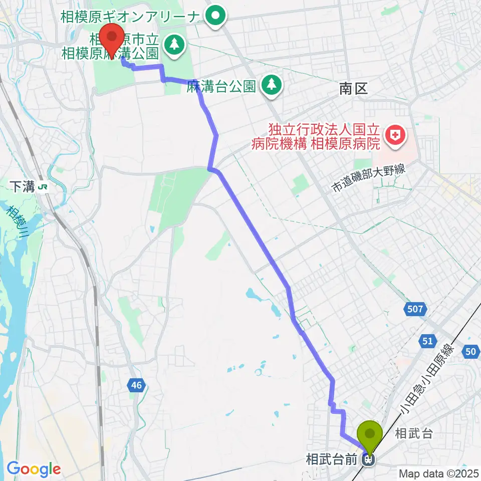 相武台前駅から相模原ギオンスタジアムへのルートマップ地図