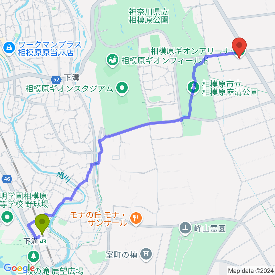 相模原ギオンアリーナの最寄駅下溝駅からの徒歩ルート（約30分）地図