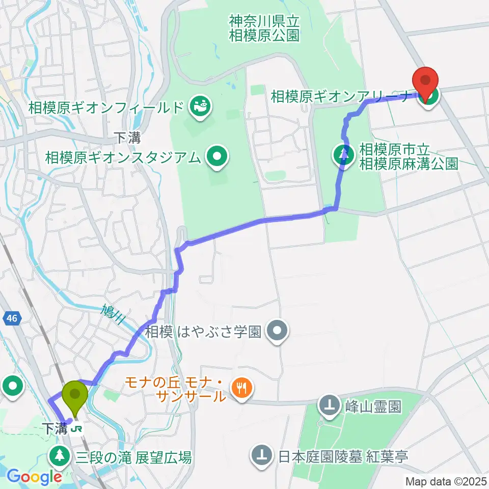 相模原ギオンアリーナの最寄駅下溝駅からの徒歩ルート（約30分）地図