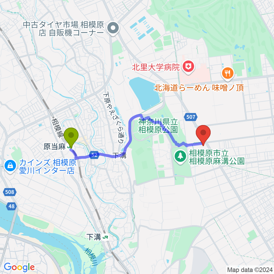 原当麻駅から相模原ギオンアリーナへのルートマップ地図