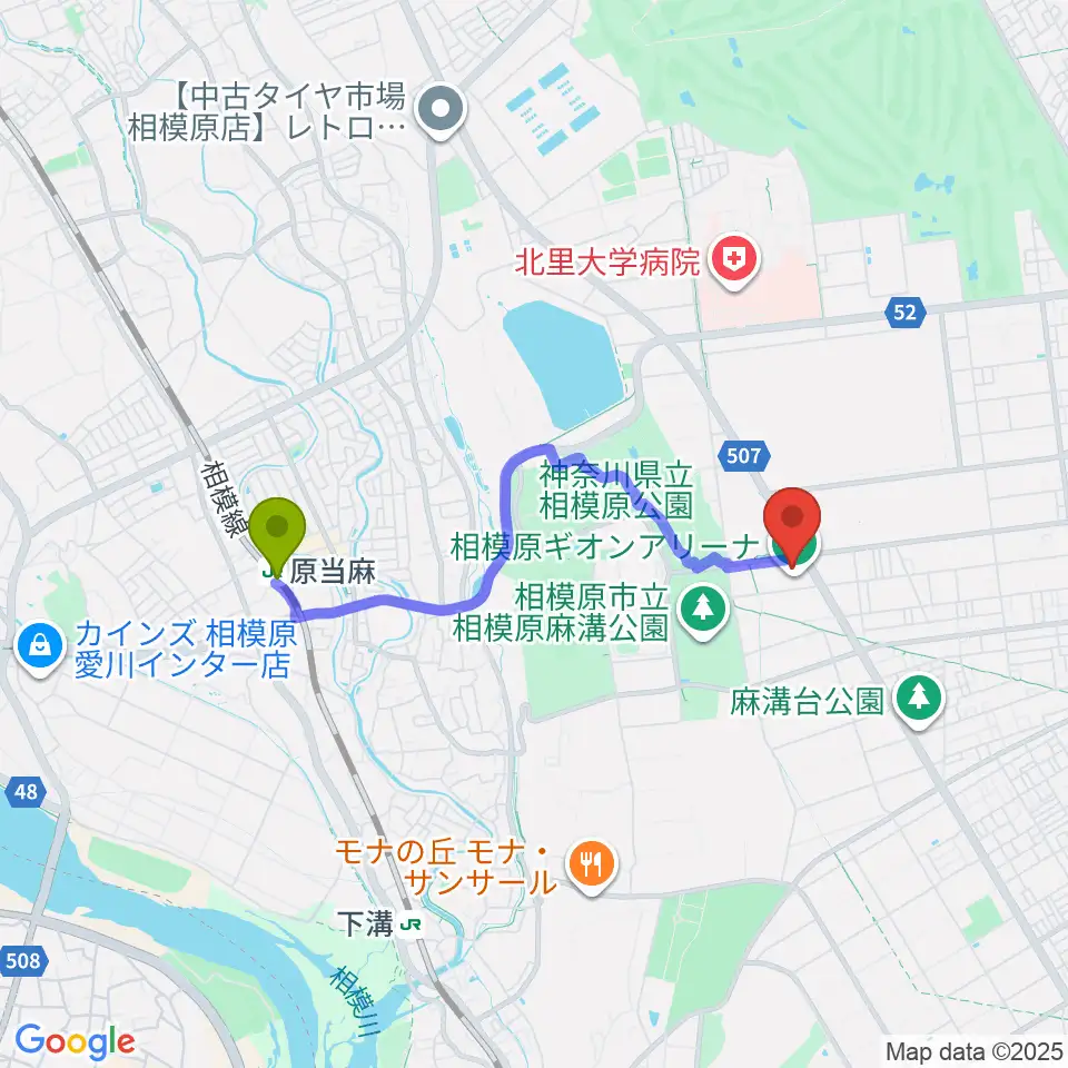 原当麻駅から相模原ギオンアリーナへのルートマップ地図