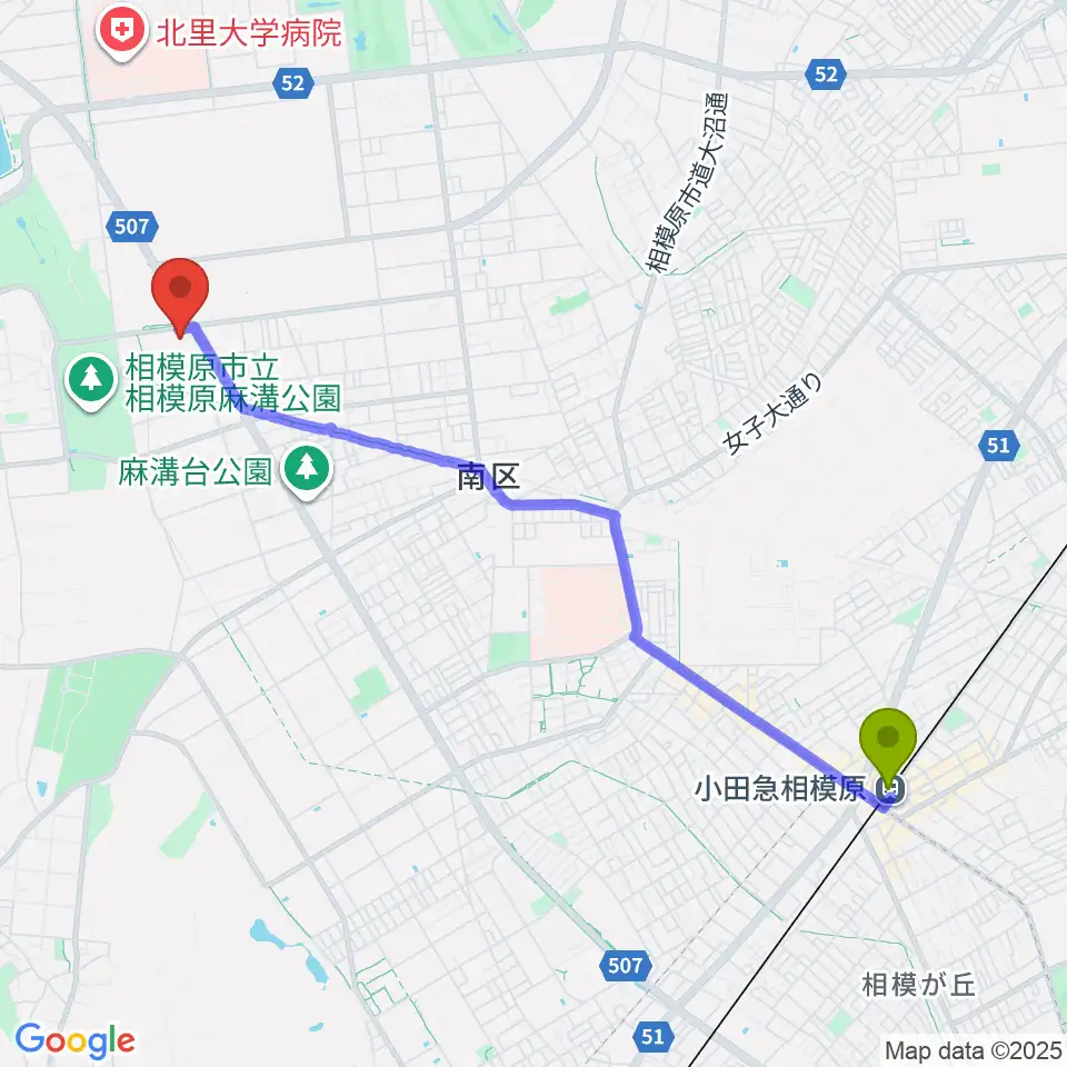 小田急相模原駅から相模原ギオンアリーナへのルートマップ地図