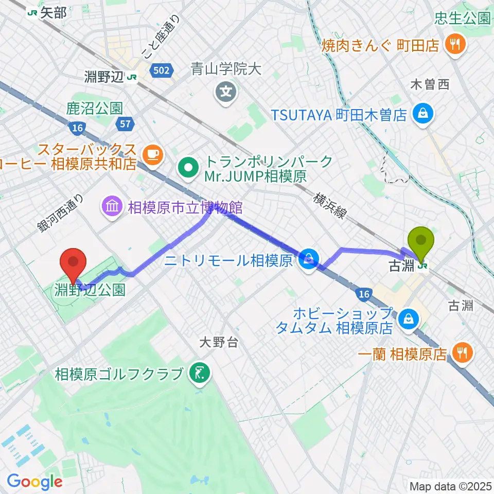 古淵駅からサーティーフォー相模原球場へのルートマップ地図