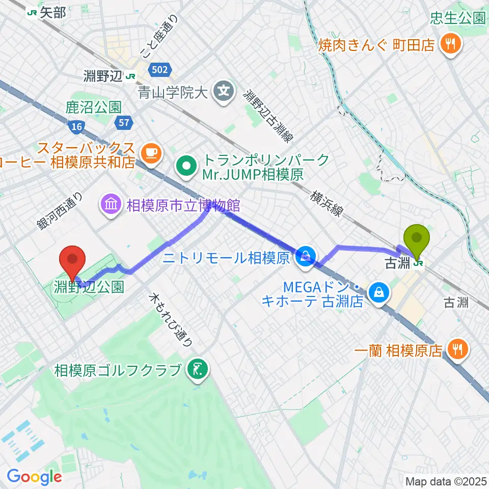 古淵駅からサーティーフォー相模原球場へのルートマップ地図