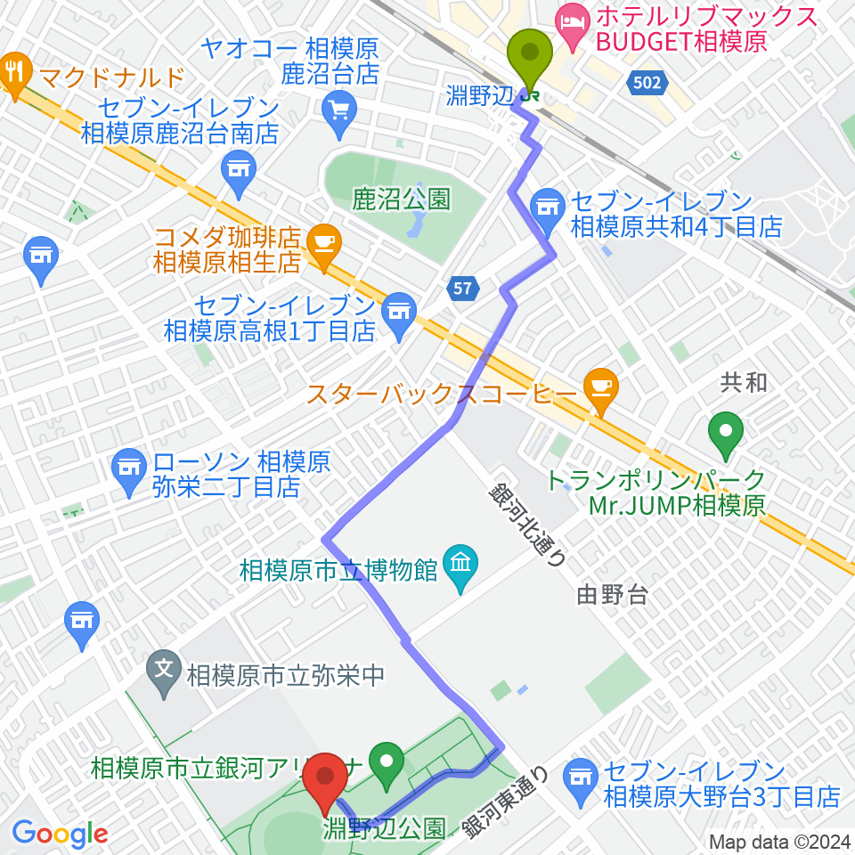 サーティーフォー相模原球場の最寄駅淵野辺駅からの徒歩ルート（約27分）地図