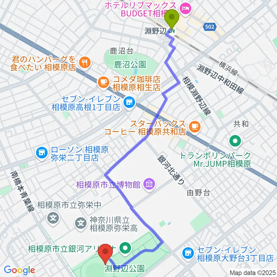 サーティーフォー相模原球場の最寄駅淵野辺駅からの徒歩ルート（約27分）地図