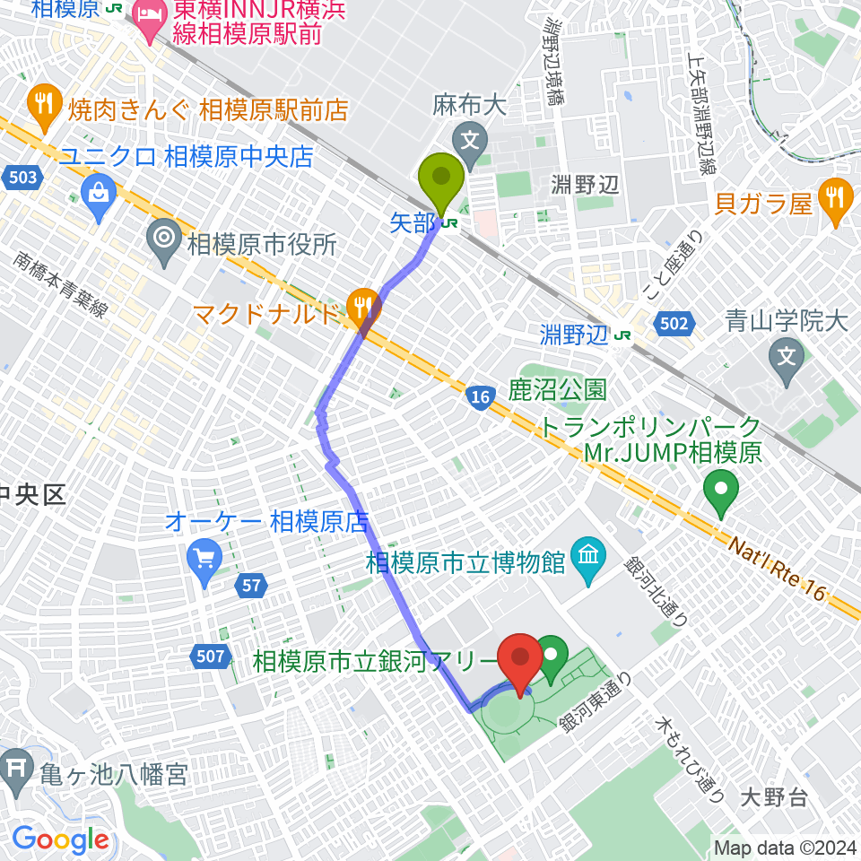 矢部駅からサーティーフォー相模原球場へのルートマップ地図