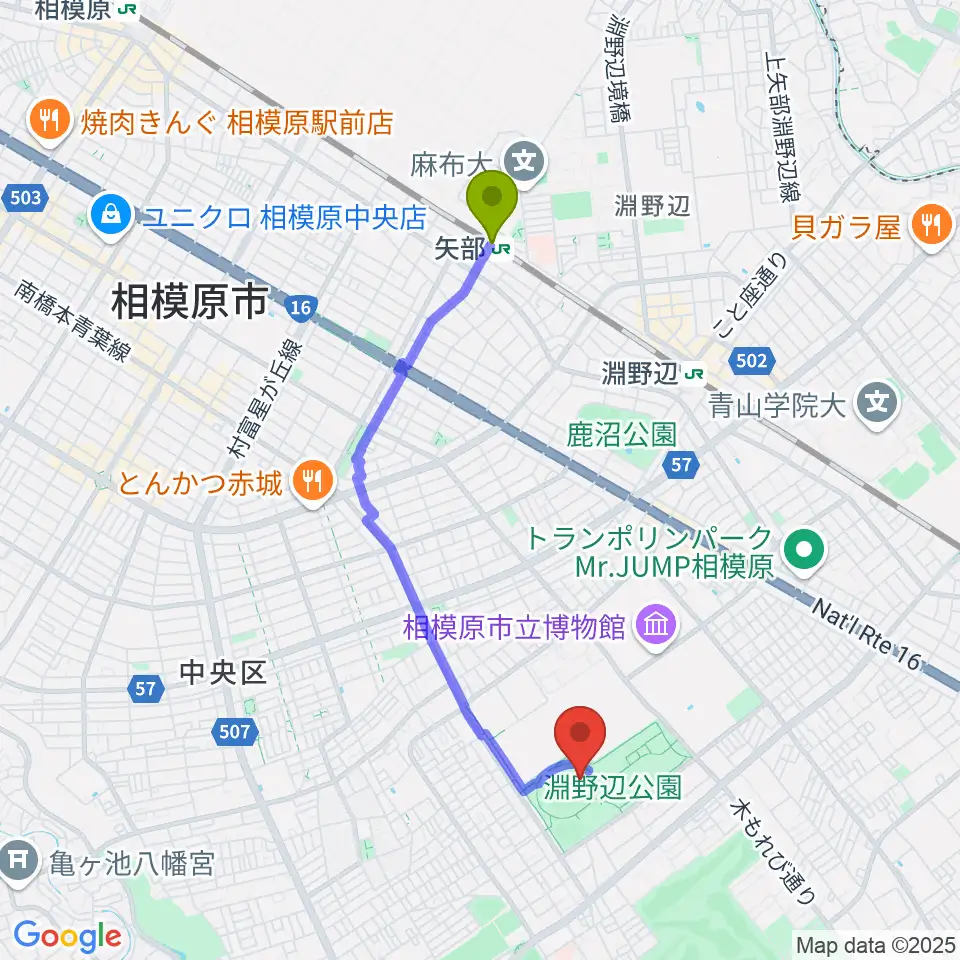 矢部駅からサーティーフォー相模原球場へのルートマップ地図