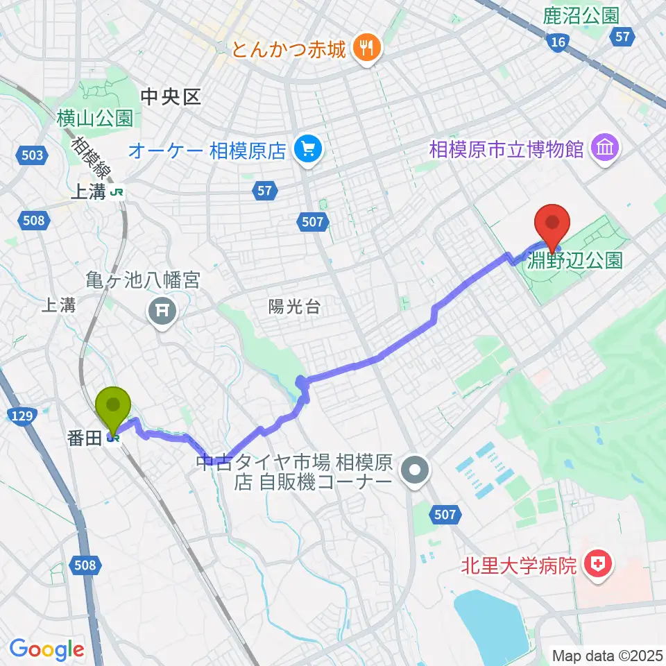 番田駅からサーティーフォー相模原球場へのルートマップ地図