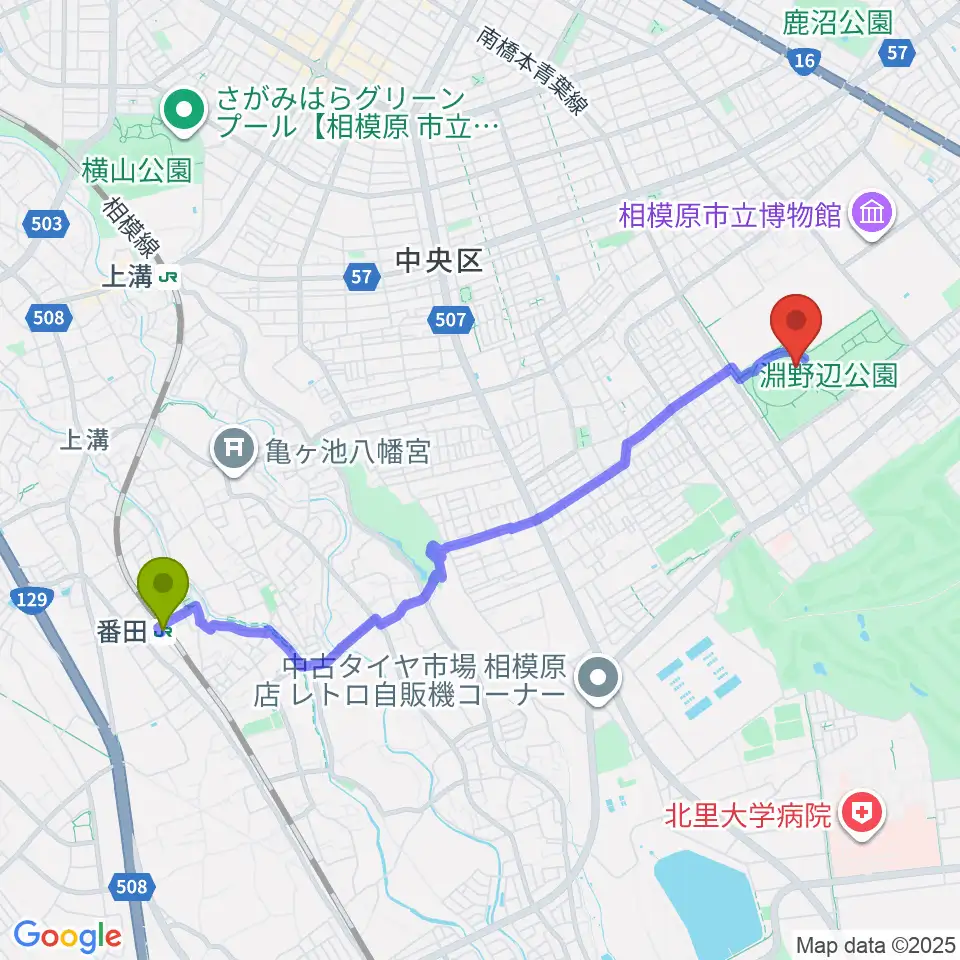 番田駅からサーティーフォー相模原球場へのルートマップ地図