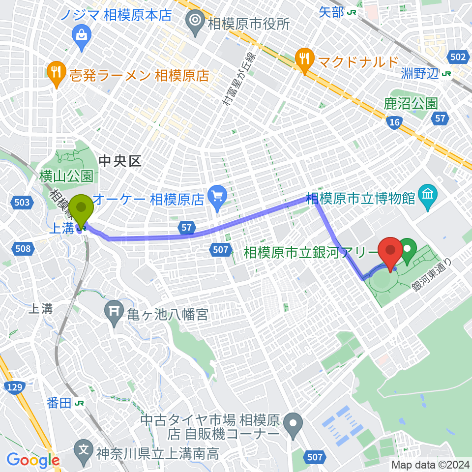 上溝駅からサーティーフォー相模原球場へのルートマップ地図