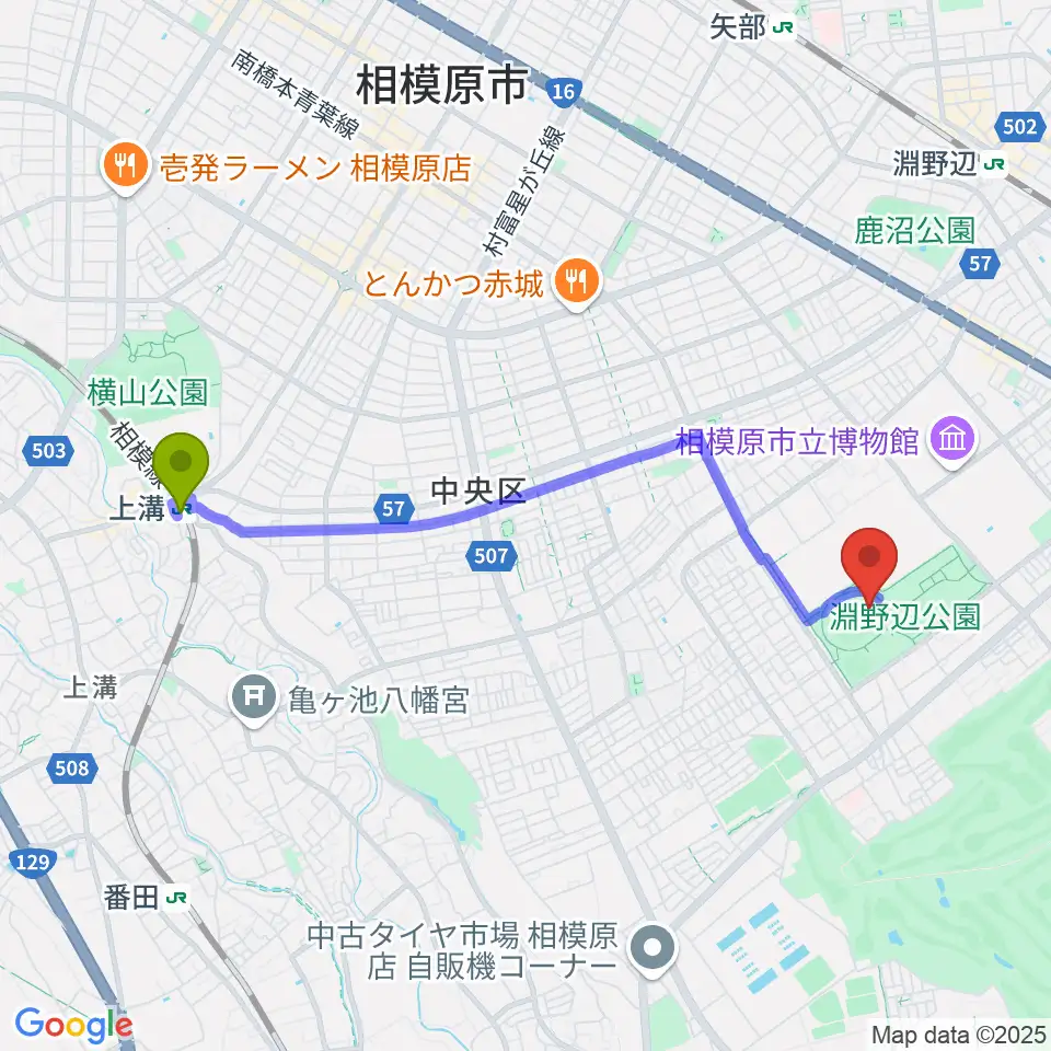 上溝駅からサーティーフォー相模原球場へのルートマップ地図