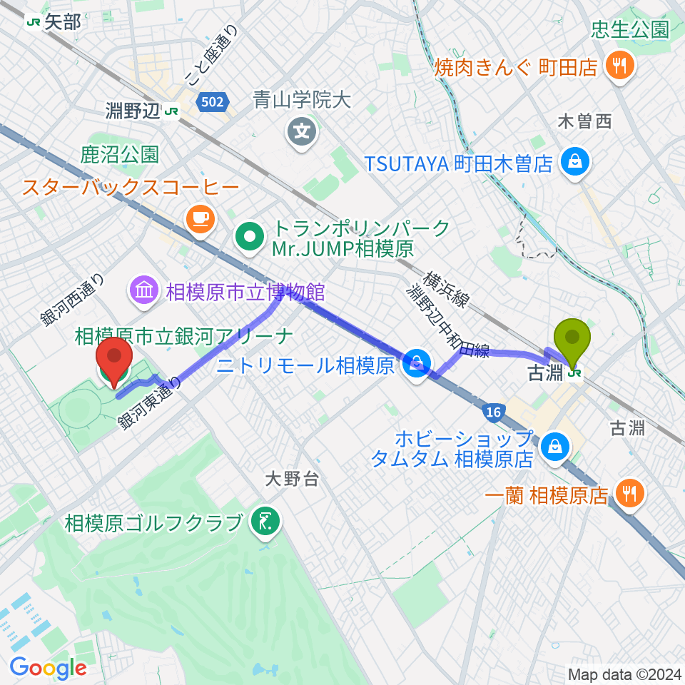 古淵駅から銀河アリーナへのルートマップ地図