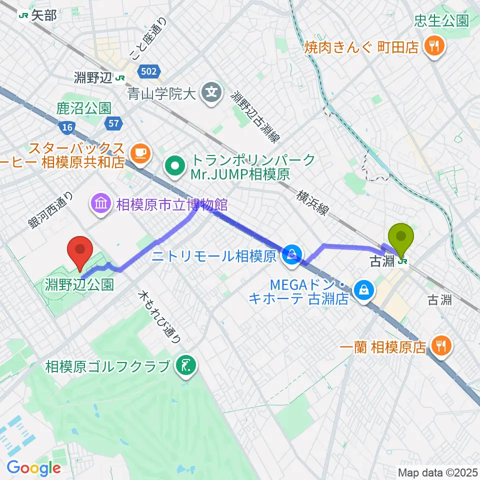 古淵駅から銀河アリーナへのルートマップ地図