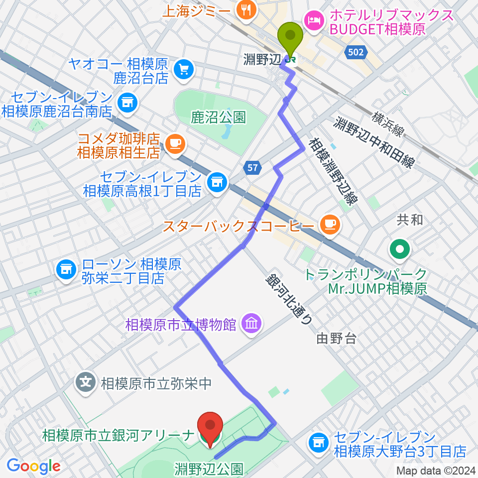 銀河アリーナの最寄駅淵野辺駅からの徒歩ルート（約26分）地図