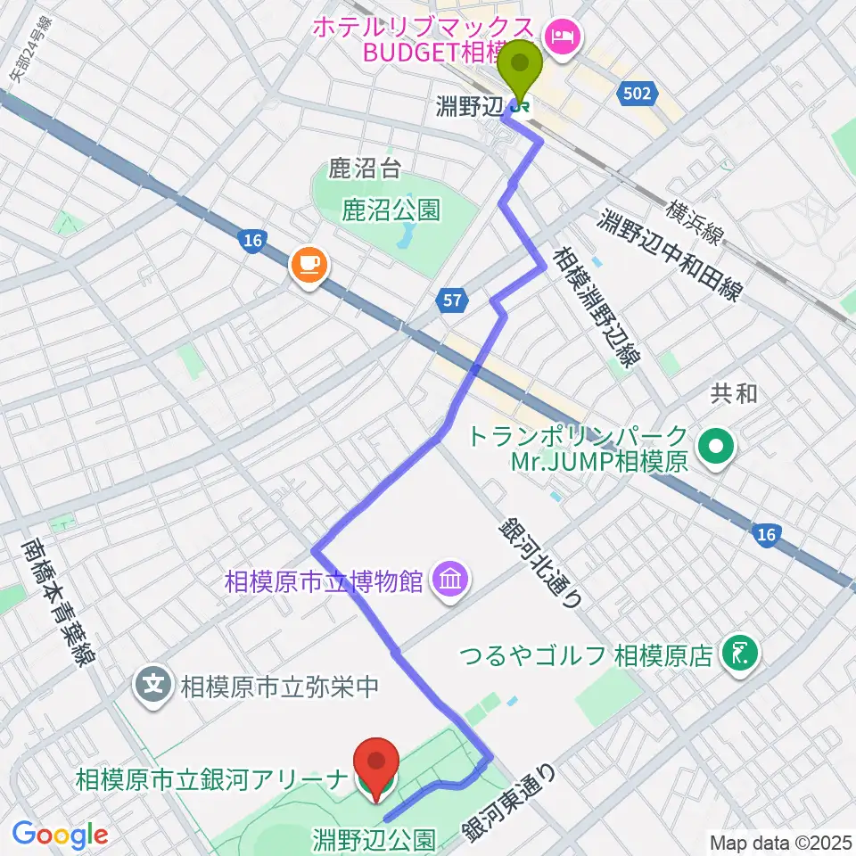 銀河アリーナの最寄駅淵野辺駅からの徒歩ルート（約26分）地図