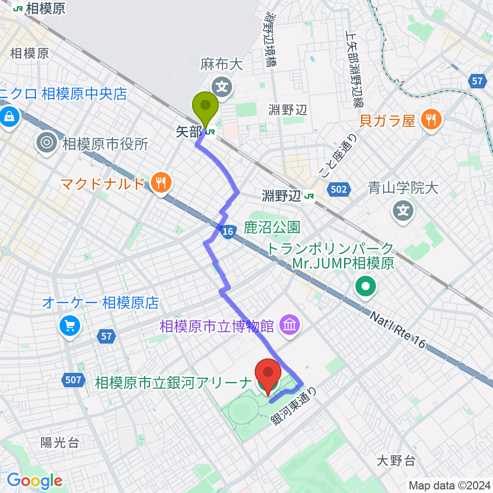 矢部駅から銀河アリーナへのルートマップ地図