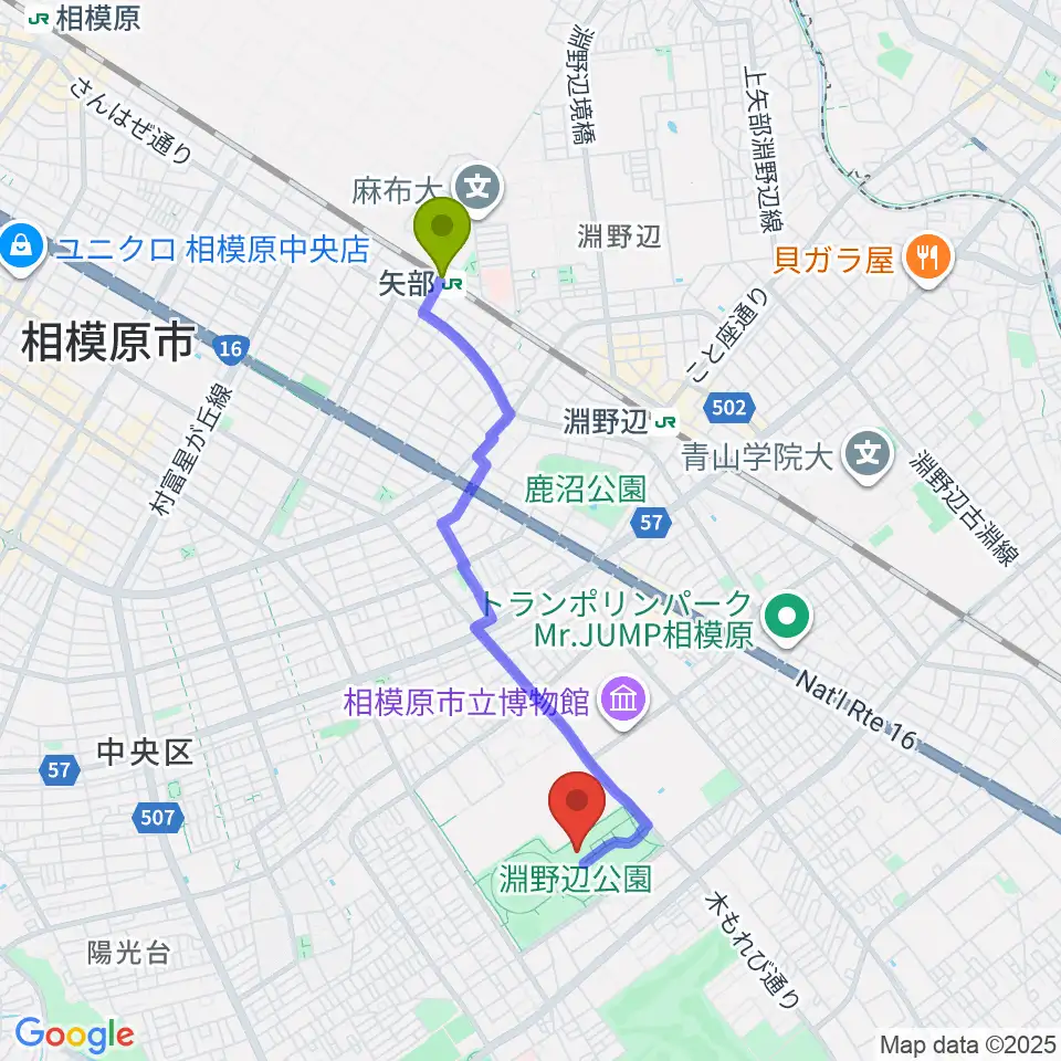 矢部駅から銀河アリーナへのルートマップ地図